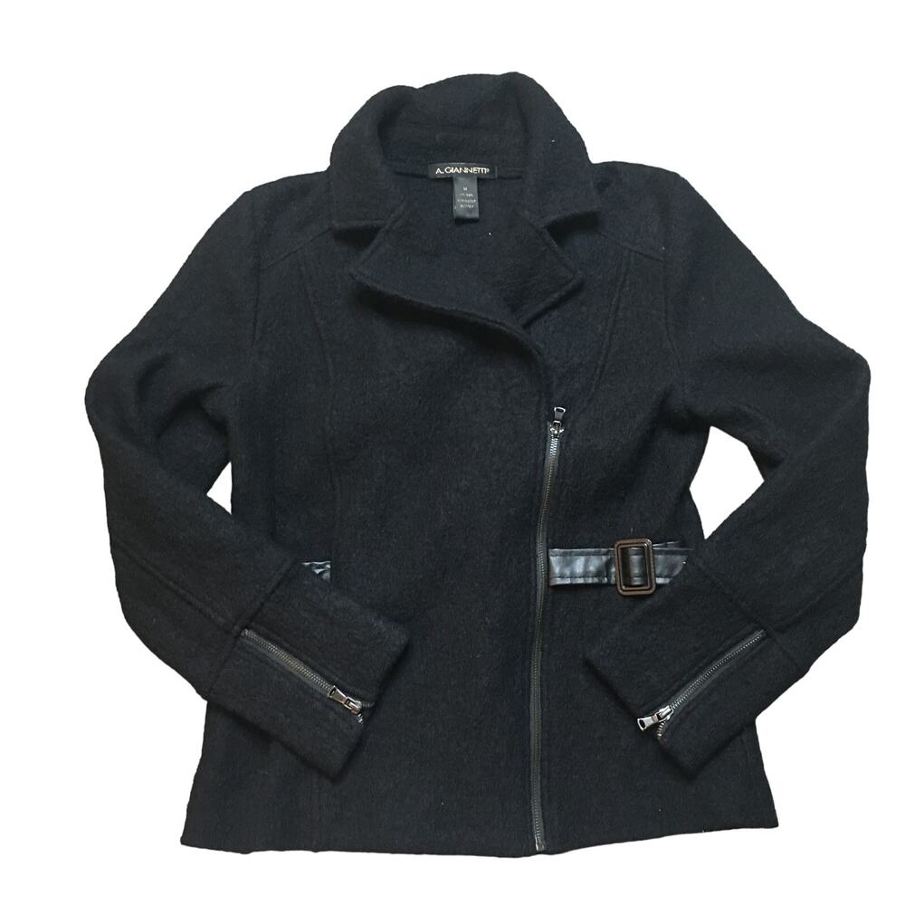 A. Giannetti Womens Asymmetrical Zip Moto Style Jacket 100% Wool Black Medium